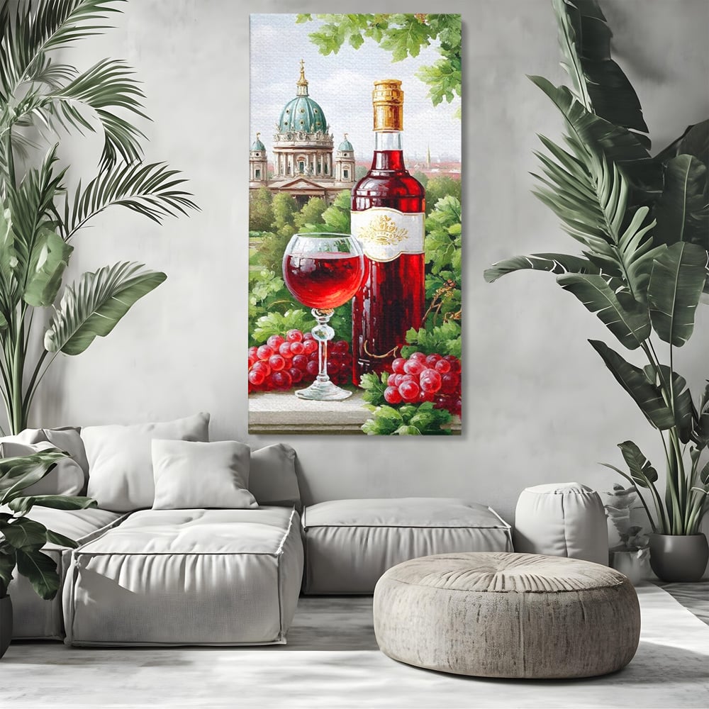 Tablou canvas cu pictura cu sticla de vin si cupola, fara rama, pe sasiu de lemn, pe perete intr-un living
